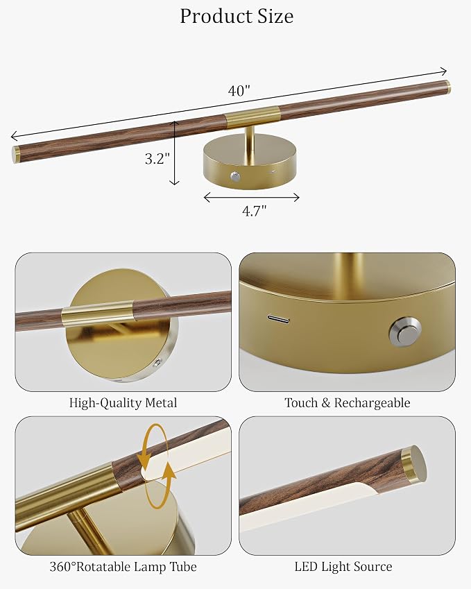 40" Battery Operated Wall Sconce Set of 2, 350° Rotating Lamp, Walnut Gold | Wireless, 8000mAh Rechargeable Battery, Stepless Dimming, 3000K-6000K, Remote & Touch Control, Timer, Living Room, Bedroom