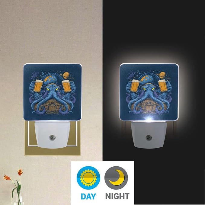 Blue Octopus Holding Beer Night Light Dusk to Dawn Sensor LED Night Dimmable Nightlight Lights Plug into Wall for Living Room