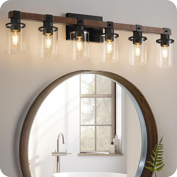 6-Light Bathroom Light Fixture, Vanity Lights for Bathroom with Glass Shade, Rustic Bathroom Light Fixtures, E26 Base F12BD05