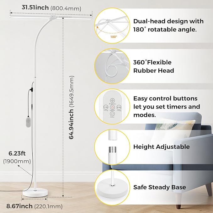 Dual-head LED Floor Lamp 20W 1400LM Adjustable Neck Bright Light White | Adjustable Brightness & Color Temperature, Modern Corner Tall Standing Lamp for Living Room Office Bedroom Reading
