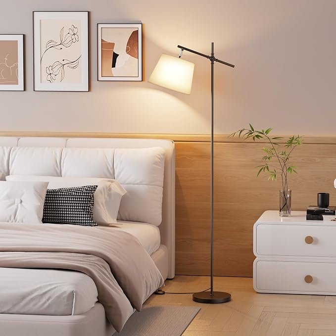 Floor Lamp with Linen Shade, Dimmable Tall Standing Lamp with Remote Control & 3 Color Temperatures Bulb, Modern Swing Arm Floor Lamps for Living Room Bedroom Office Corner