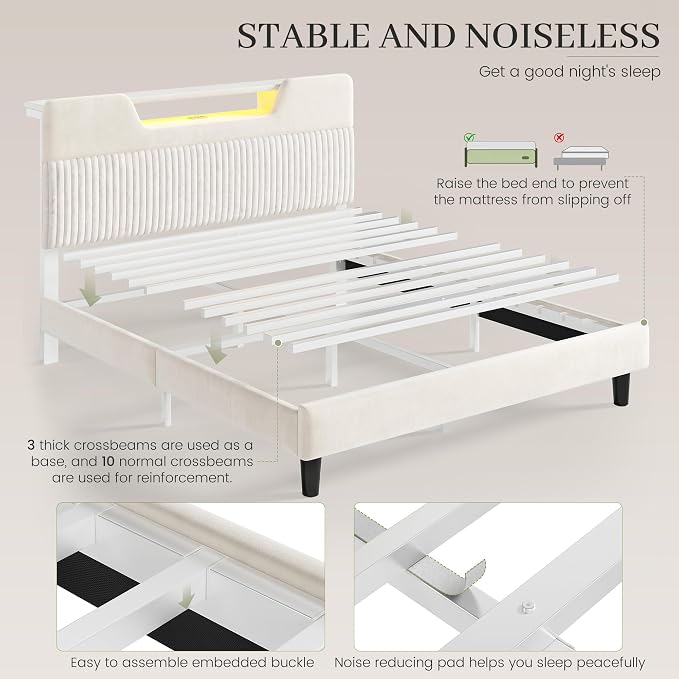 Homkdom King Bed Frame with Charging Station & Storage Headboard,White | 1USB-C & 2USB-A Charging, RGB LED Lights,7.78" Under-bed Storage,Velvet Upholstered Headboard,No Box Spring,Easy Assembly.