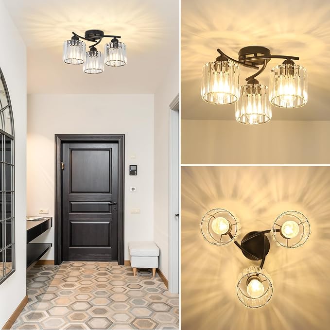 Crystal Semi Flush Mount Ceiling Light,3-Light Black Close to Ceiling Light Fixtures,Kitchen Light Fixture with Clear Crystal Shades,Hallway Light Fixtures for Kitchen Entryway Bedroom Bathroom