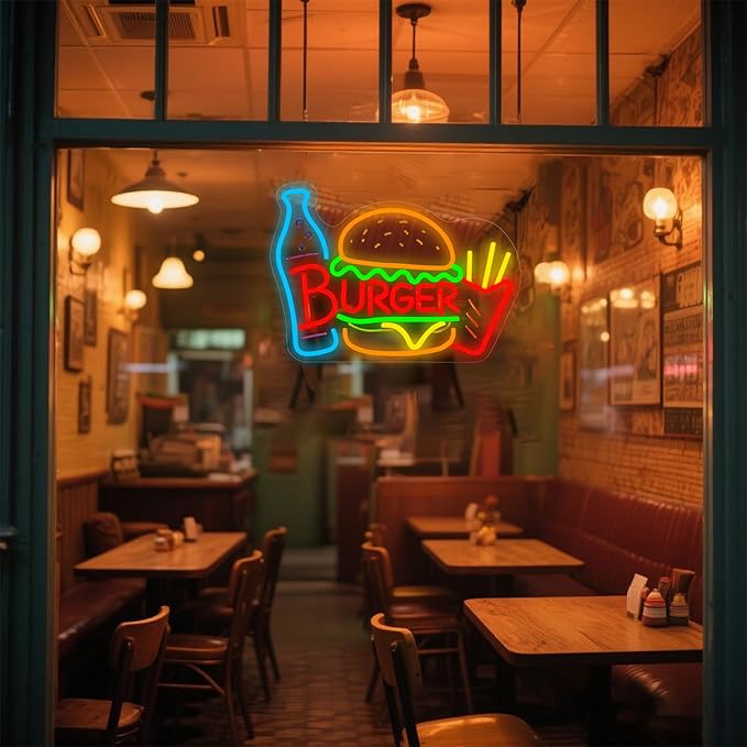 Burger & Fries Neon Sign - Retro Dimmable Fast Food LED Light, Restaurant & Dining Room Wall Decor, Snack Bar Sign, Hamburgers Party Decorations