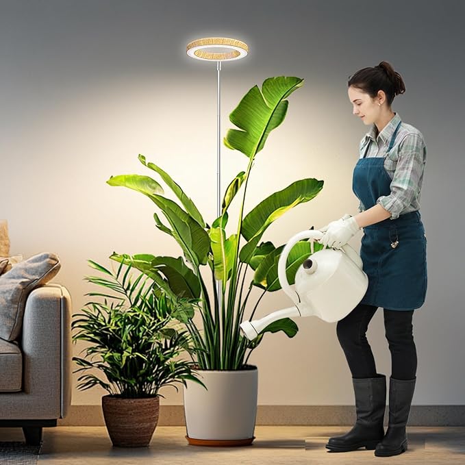 Grow Lights for Indoor Plants, Full Spectrum Plant Lights for Indoor Growing with 6/12/16H Timer, 3 Color Modes, 5 Brightness, 10"-65" Height Adjustable Wood Grain Plant Growing Lamp