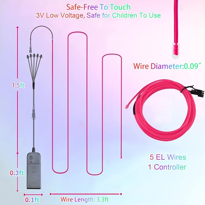 EL Wire-5 in 1 Meter Portable Neon Rope Lights Strip-Wearable Battery Pack Body Lights-360°Illumination-Super Bright-Cuttable-DIY Halloween Christmas Festival Party Bar Game Room Cosplay Costume(Pink)