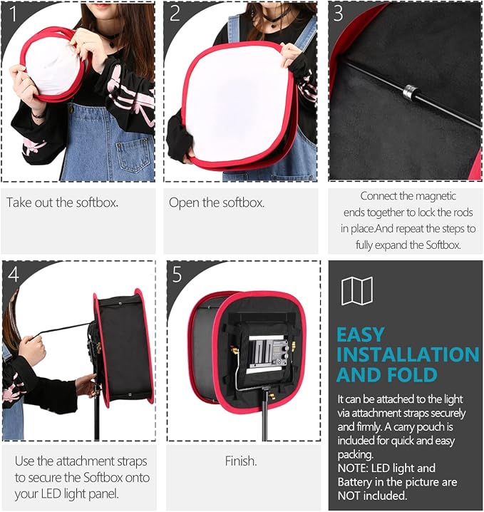 NEEWER Foldable Softbox Light Box with Strap Clip, Grill and Carry Bag | Compatible with NEEWER 480/660/530 LED Light Panels, Opening 9.3 x 8.3 in, Black + Red