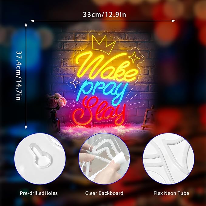 Neon Sign, Positive Neon Signs for Wall Decor LED Signs Neon Light | Wake Pray Slay Neon Sign, Inspiration Led Sign for Bedroom, Living Room, Business, Cafe, Bar, Party, Home Decor, USB Powered