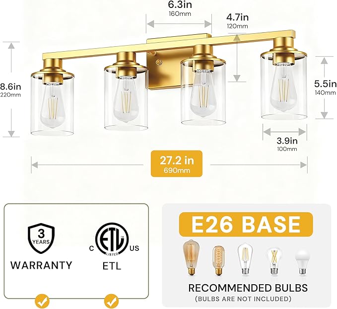 L LOHAS LED Gold Bathroom Light Fixtures with Clear Glass Shade, 4 Light Vanity Lights for Bathroom, Vanity Lights for Mirror Bedroom Hallway