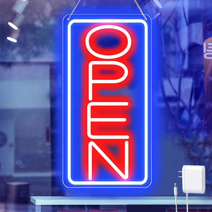 16.5" X 9" Led Neon Open Signs for Business 12V/2A Ultra Bright Led Neon Open Signs Plug In Electric Light Up Open Sign with ON/OFF Switch for Bar Salon Coffee Stores Club Hotel (Vertical)