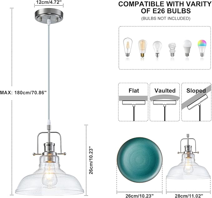 WILON Seeded Glass Modern Pendant Light for Kitchen, Brushed Nickel | 11'' Seeded Glass Shade, Adjustable Height, E26 Ceramic Socket, 60W MAX, Modern Style for Dining Room Kitchen Over Sink