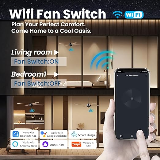 Smart Fan Switch Single Gang 2.4GHz Wi-Fi Touch Switch, Neutral Wire Required,Work with Smart Life/Tuya App and Alexa,Tempered Glass Panel,White