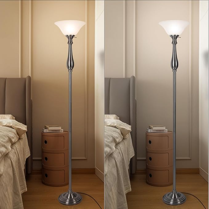 Torchiere Floor Lamps for Living Room Bedroom, 72" Tall Alabaster Glass Bowl Shade with No Bulb, Standing Lamp Iron Brushed Nickel for Corner,Office, Home Decor