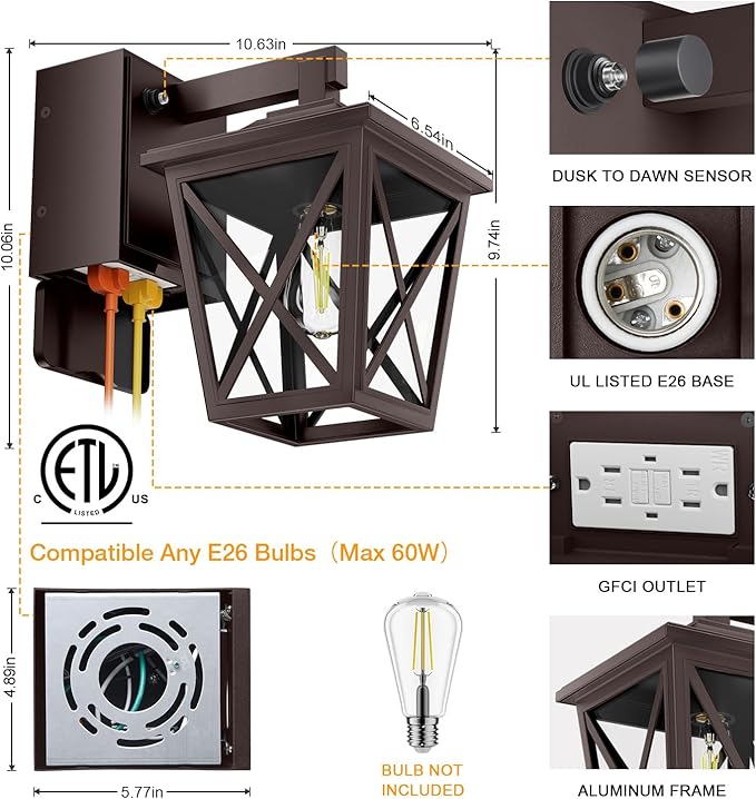 Ehaho Porch Lights with Outlet, Dusk to Dawn Outdoor Light Built-in, Waterproof Anti-Rust Lantern Outside Light with GFCI Outlet, Wall Sconce Light with Plug for Front Door (Brown 1 PC)