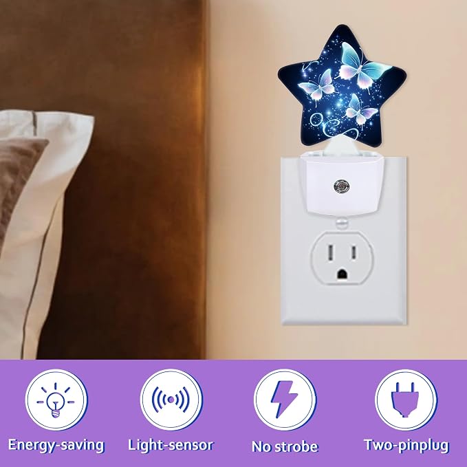 Glitter Butterfly Night Lights Plug Into Wall,Navy Blue Dusk to Dawn Light Sensor Night Light for Kids, Energy Efficient Sleep Friendly Lamp for Bedroom Bathroom Nursery