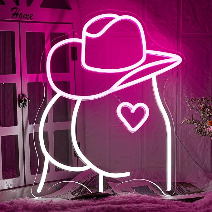 Cowboy Hat Neon Sign Buttocks LED Sign for Wall Decor USB Powered Pink White Sexy Neon Light for Gameroom, Bedroom, Livingroom, Bar, Office, Beer Bar (16.5 x13 inch)