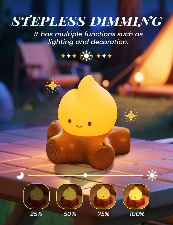 Campfire Camping Night Light, Flickering Flame Lights, Cute Gifts | Kids Camping Essentials, Silicone, Portable, Dimmable, Rechargeable Night Light, Flameless Candle Nightlight, Camping Decor