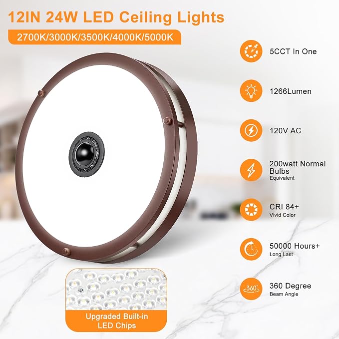 12" LED Motion Sensor Outdoor Ceiling Light Porch Lamp, 5CCT, 24W | Dusk to Dawn, 2700K/3000K/3500K/4000K/5000K Dimmable, 4 Lighting Modes, Flush Mount Ceiling Light for Entryway, Brown