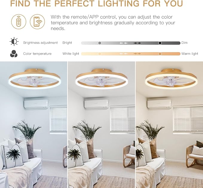 Modern Gold Ceiling Fans with Lights,20" Dimmable Flush Mount Low Profile Ceiling Fans with Remote Control,Indoor Smart Ceiling Fan with Light for Bedroom