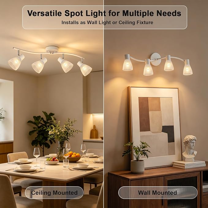 HiBay 4-Light Track Lighting, Modern White Glass Ceiling Light Fixture | Adjustable Flush Mount Track Spotlight for Bathroom, Kitchen, Dining Room, E12 Base, Bulbs Not Included