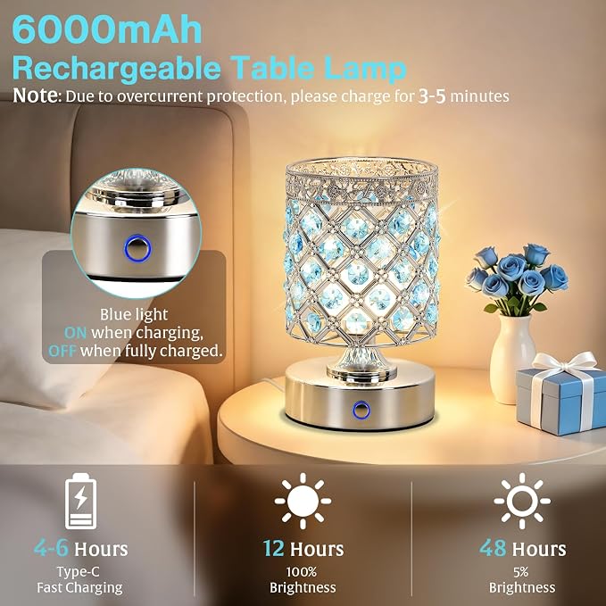 Blue Crystal Rechargeable Cordless Table Lamp, Touch Small Desk Lamp | 6000mAh Battery, 3 Color Temps, Stepless Dimming, USB Charging, Portable Wireless Night Light for Bar Bedroom Living Room