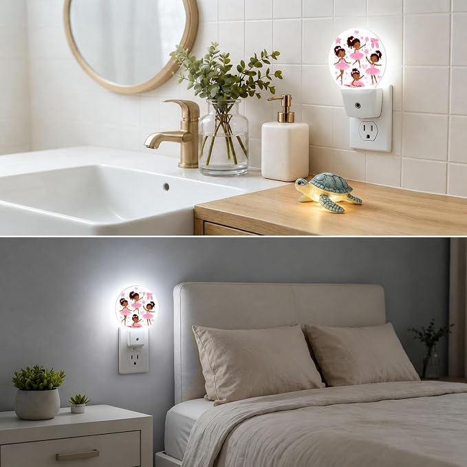 Night Lights Plug into Wall Cute Ballet Girls Cartoon Nightlight Round Lamp | Pink Plug in Night Lights for Wall Socket with Dusk-to-Dawn Sensor for Bedroom, Bathroom and Living Room