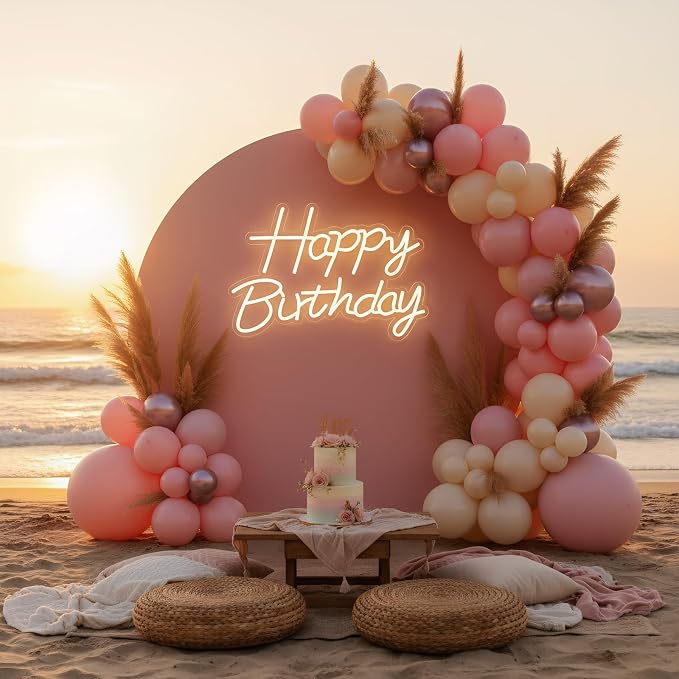22" x 14.5" Happy Birthday Neon Sign for Backdrop, LED Happy Birthday Light Up Sign, USB Powered Dimmable Neon Light for Birthday Party Decorations, Wall Decor, Warm White