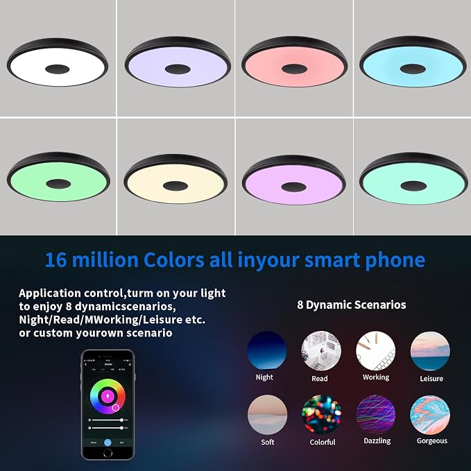 Black Smart Waterproof LED Flush Mount Ceiling Light Fixture,18W,with Bluetooth Speaker,RGB Color Changing Function-Dimmable Lamp,Tuya Application Control-Compatible with Alexa Google Home