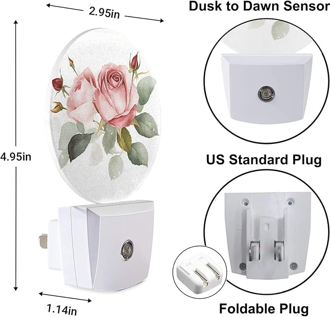 Retro Rose Night Light Floral Blossom Pink Rose with Green Leaf Flower Bouquet LED Dusk to Dawn Plug-in Nightlight Auto Sensor for Bedroom Bathroom Hallway Living Room