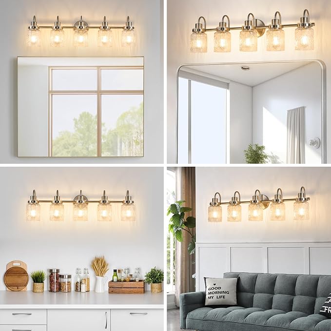 5 Lights Hammered Glass Bathroom Vanity Light,Brushed Nickel | Easy Installation,Up or Down,Farmhouse Modern Style,E26 Socket,ETL Certification