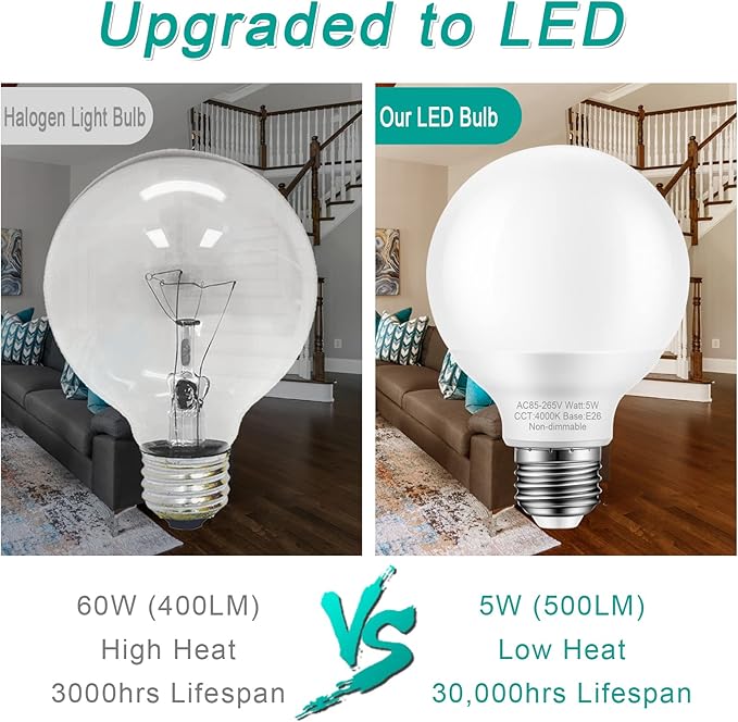 8 Pack Bathroom Light Bulbs, 60 watt Equivalent, Natural Daylight White, E26 Medium Base, G25 LED Globe Light Bulbs for Bathroom Vanity, 4000K Round Light Bulb over Mirror, 120V, Non-dimmable