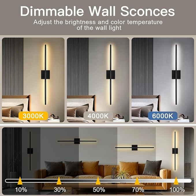 Battery Operated Wall Sconces Set of Two, Wireless Wall Sconces 31.5 Inch | Rechargeable, Remote Control, Dimmable, 360°Rotate, Cordless Wall Light Decor for Living Room, Hallway, Timing, Black