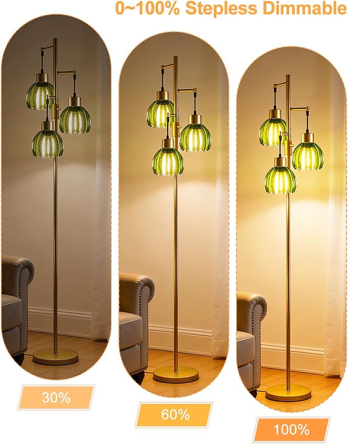 Lightdot 65'' Green Glass Floor Lamp Dimmable Gold Floor Lamps with Lotus Glass Shade& 3000K Bulbs Included 3-Lights Modern Tall Standing Lamp with 5Lbs Heavy Base for Living Room/Bedroom/Sofa Beside