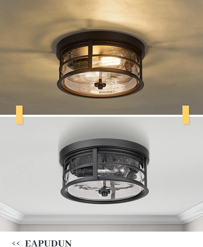 EAPUDUN Flush Mount Ceiling Light, 12inch 2-Light Metal Close to Ceiling Light Fixture, Matte Black Finish with Seed Glass Shade for Hallway Entryway Bedroom Porch