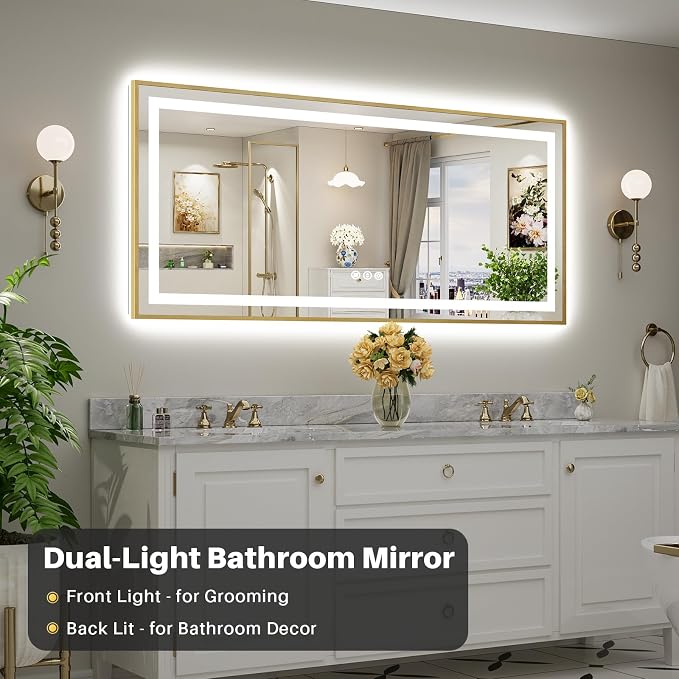72x32 Inch LED Bathroom Mirror with Gold Frame, Backlit & Front Lit | Anti-fog, 3 Color Dimmable, Memory Function, HD Reflection Tempered Glass, ETL Listed, IP54 Waterproof