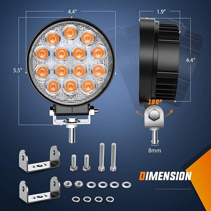Nilight 4.5Inch 42W 4200LM Amber LED Light Pods Round Flood Lights for Off Road, Roof & Fog - 16AWG Wiring Harness Kit-2 Leads
