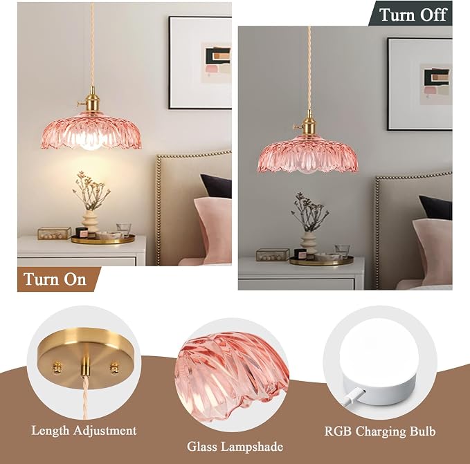 Battery Operated Pendant Light,Vintage Light Fixtures RGB Light Bulb 2500mAh 9.4in Pink Modern Chandelier with Remote Control Wireless Adjustable Rechargeable Chandelier for Kitchen Island 1Light