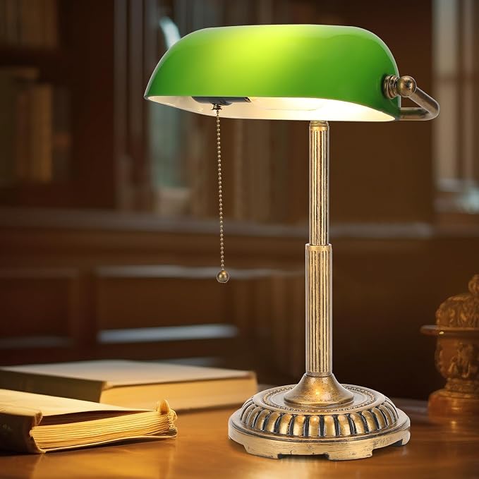 NISSAFORS Bankers Lamp, Green Desk Lamp with Pull Switch, Vintage Table Lamps for Home Office, Library, Piano (Green)
