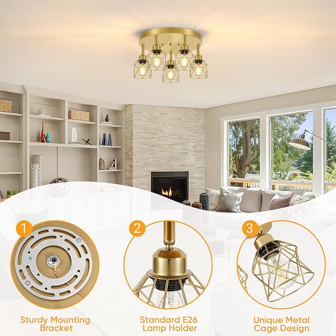Baocuz 5-Light Semi Flush Mount Ceiling Light, Gold Kitchen Lighting Fixtures Ceiling with Metal Shade, Hallway Light Fixtures with Mini Cage for Entryway, Bedroom, Living Room