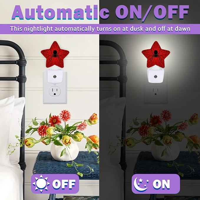 Night Lights Plug Into Wall Decorative,Black Spider Nightlights for Kids Bedroom, Red Spider Web Energy Efficient Dusk-to-Dawn Sensor Sleep Friendly Lamp for Nursery Bathroom