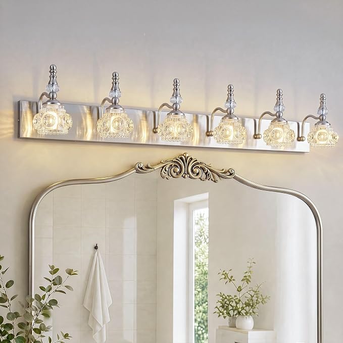Modern Glass Crystal Vanity Light - Vintage Bathroom Lighting Fixtures Over Mirror, 6 Light Vanity Lights G9 Bulb (43.3 Inch, Nickel)
