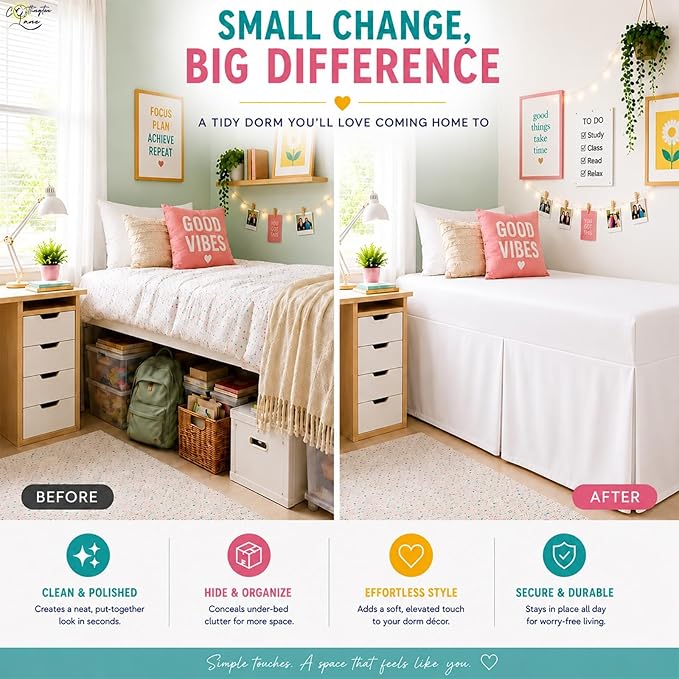 Cottington Lane Tailored Box Pleated College Dorm Bed Skirt Twin XL, Hotel Quality Premium Brushed Microfiber Extra Long Bedskirt Twin XL 32 Inch Drop, White Dorm Bedding