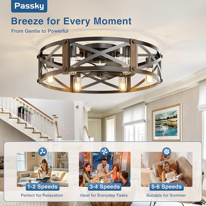 Passky 24" Caged Ceiling Fans with Lights and Remote, Low Profile Fandelier | Reversible DC Motor, 1/2/4/8H Timer, 6 Speeds, Farmhouse, Quiet Operation, 6 E26 Sockets, For Bedroom, Kitchen, Dining Room