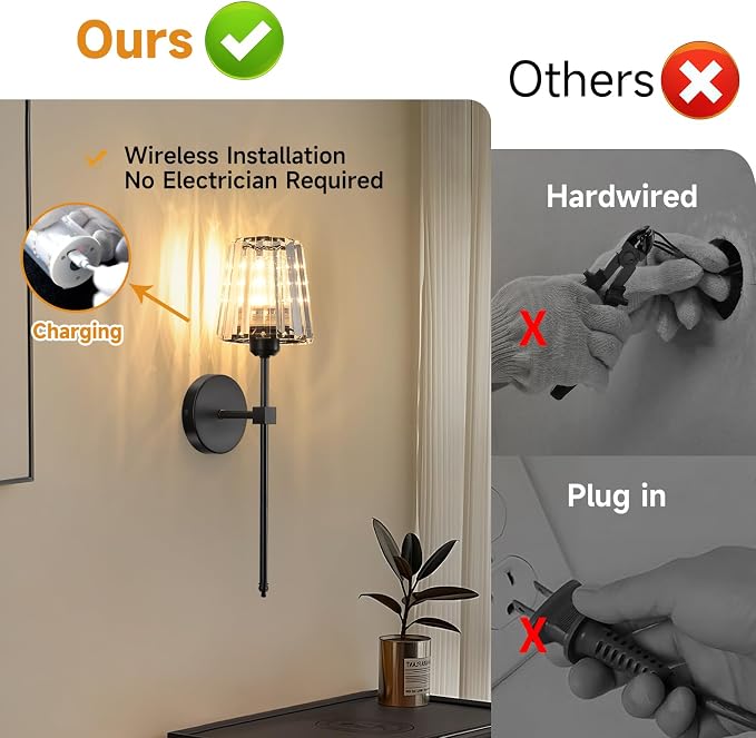 Battery Operated Crystal Wall Sconces Set of 2, Black Wireless Wall Sconce with USB Rechargeable LED Light Bulbs 12 Colors Dimmable Crystal Wall Lamp with Remote for Bedroom Living Room Bulbs Included
