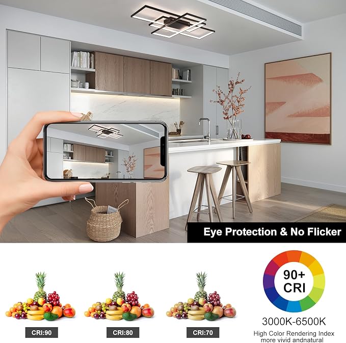 GEADI 35.4" Modern LED Ceiling Light, Dimmable Flush Mount with Remote | Black Geometric Square Light Fixture with Adjustable Color Temperature for Kitchen, Bedroom, Dining Room and Hallway