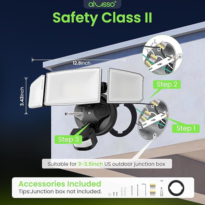 ALUSSO LED Security Lights Motion Sensor, 120V 60W 6000LM 3 Modes Flood Lights Outdoor Motion Sensor, 3CCT 3 Heads Outdoor Security Light Wet Location Use for House Garage Yard Walkway Black