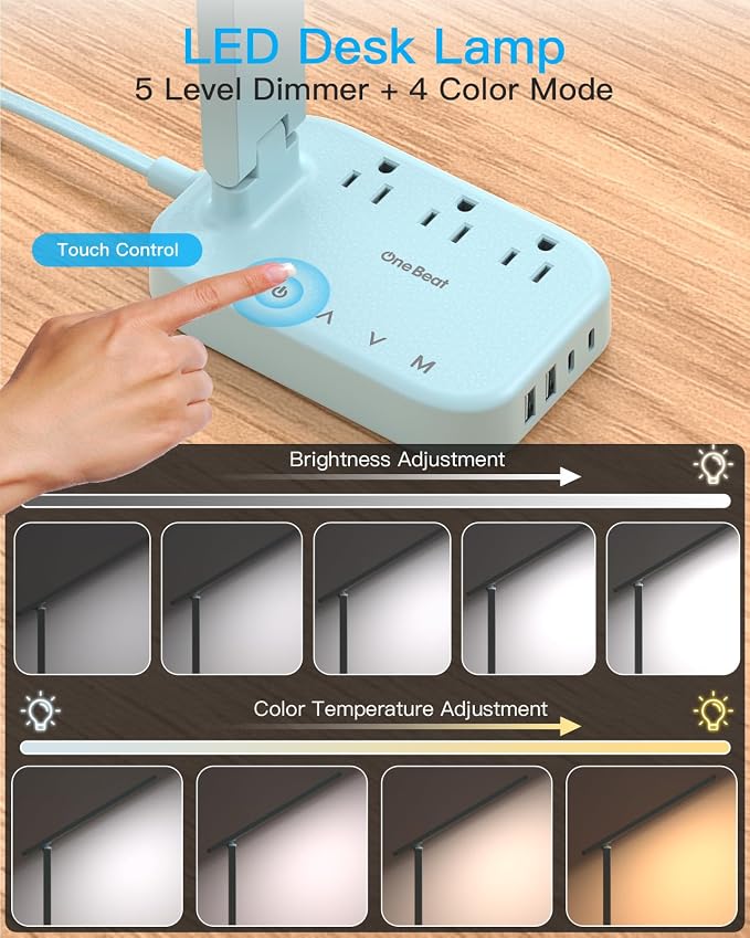 LED Desk Lamp, Power Strip with 4 USB 3 Outlets, Dorm Room Essentials, Blue | One Beat 4 Modes 5 Level Brightness Touch Lamp, Small Desk Lamp for Home Office College Dorm Essentials, Study Reading Light