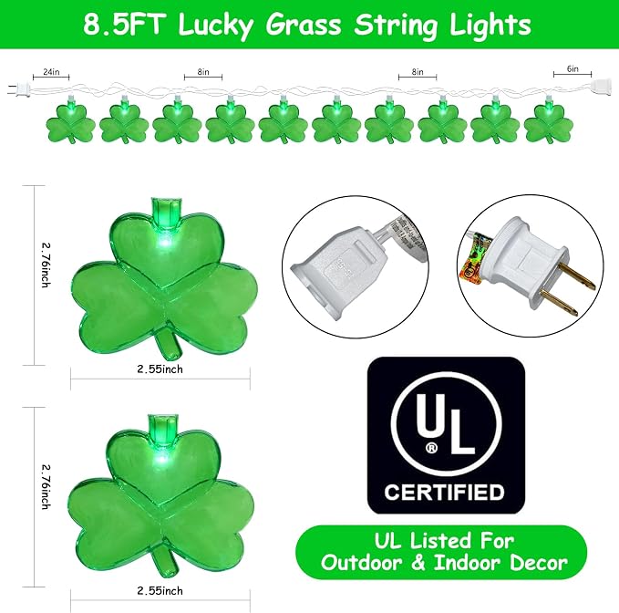 Shamrock String Lights, 8.5Ft St Patrick's Day Decorations with 10 3D Green Clover Lights, Plug in Clover Fairy String Lights for Party Bar Garden Bedroom Party Irish Holiday Decor