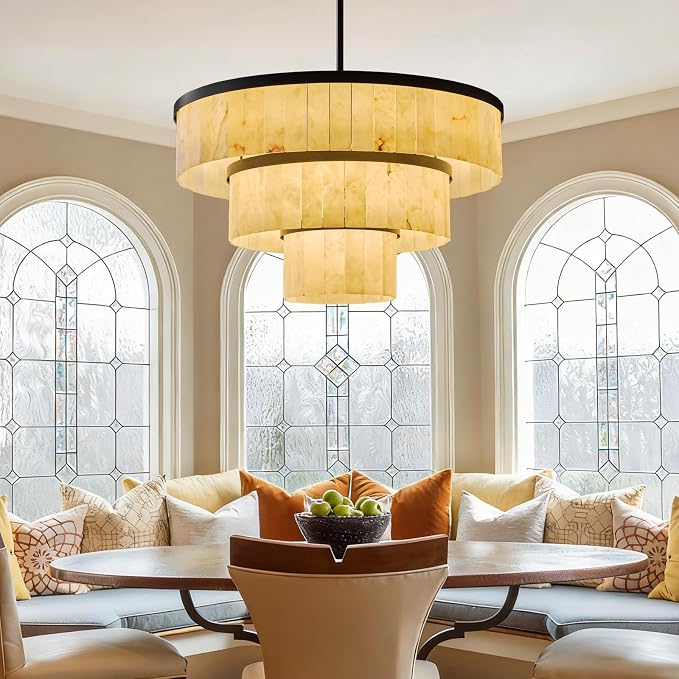 D34.3 Round Alabaster Chandelier, 3-Tier Brass Marble High Ceiling Chandeliers, Modern Dining Room Chandeliers Living Room Light for Entryways, Foyer, Stair, Kitchen Black(Include Bulbs)