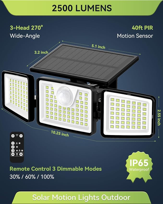 daphino 2500LM Solar Lights Outdoor with Motion Sensor,3 Head 270° Wide Angle Street Area Lights,IP65 Waterproof Security Lighting with 3 Modes(Remote,6 Pcs) | 270° Wide-Angle Street & Area Coverage, IP65 Waterproof Security Lighting, 3 Lighting Modes,...